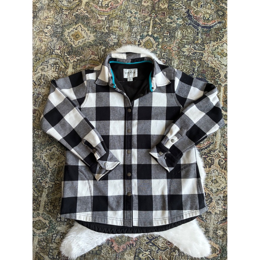 ORVIS Womens L/G Buffalo Check Plaid Fleece Lined Shirt Jacket Teal Trim‎